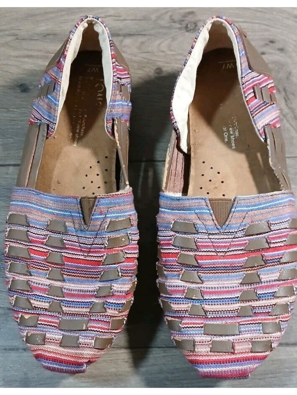 Toms Alpargata Huarache Brown Leather & Multi Color Fabric Slip on - Size 7